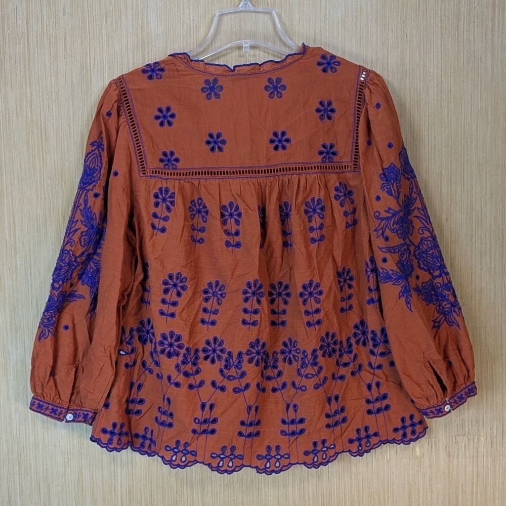 Sundance Boho Peasant Cottage Embroidered Eyelet Peplum Blouse Size S Orange - Picture 3 of 8
